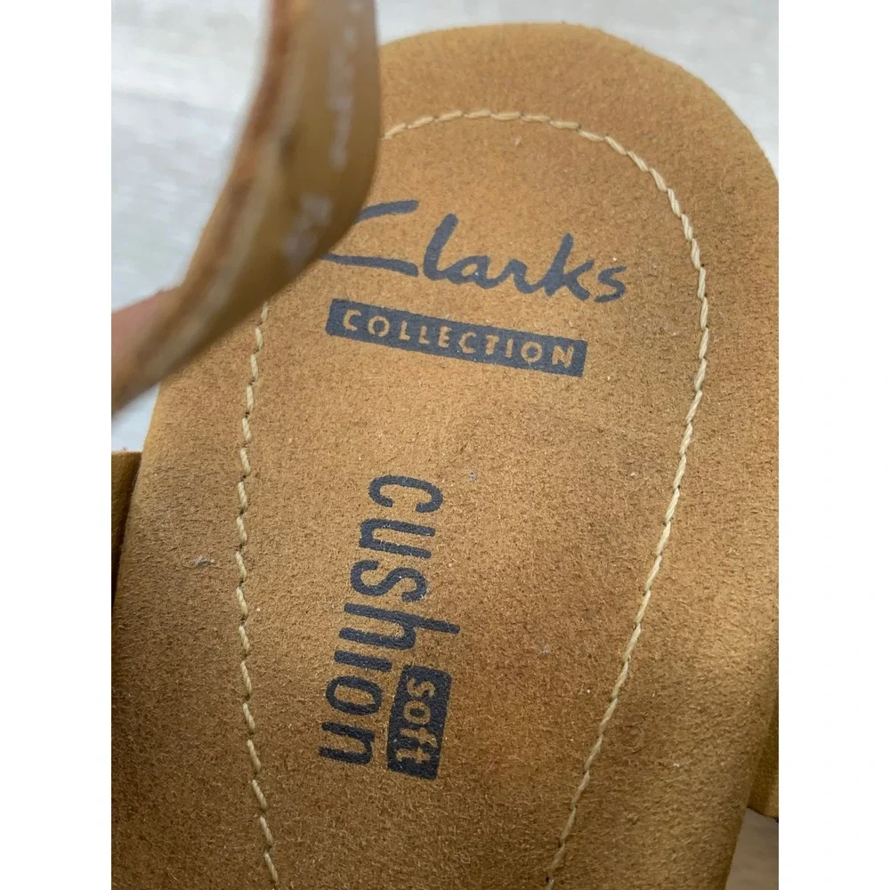 Clarks Collection Cushion Soft Tan Suede Brown Leather Cork Wedge Sandals 8.5